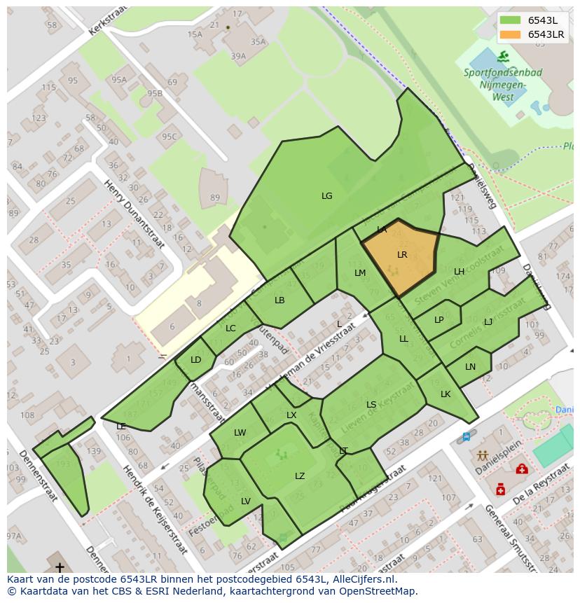 Afbeelding van het postcodegebied 6543 LR op de kaart.