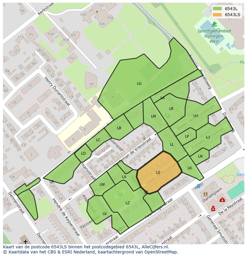 Afbeelding van het postcodegebied 6543 LS op de kaart.