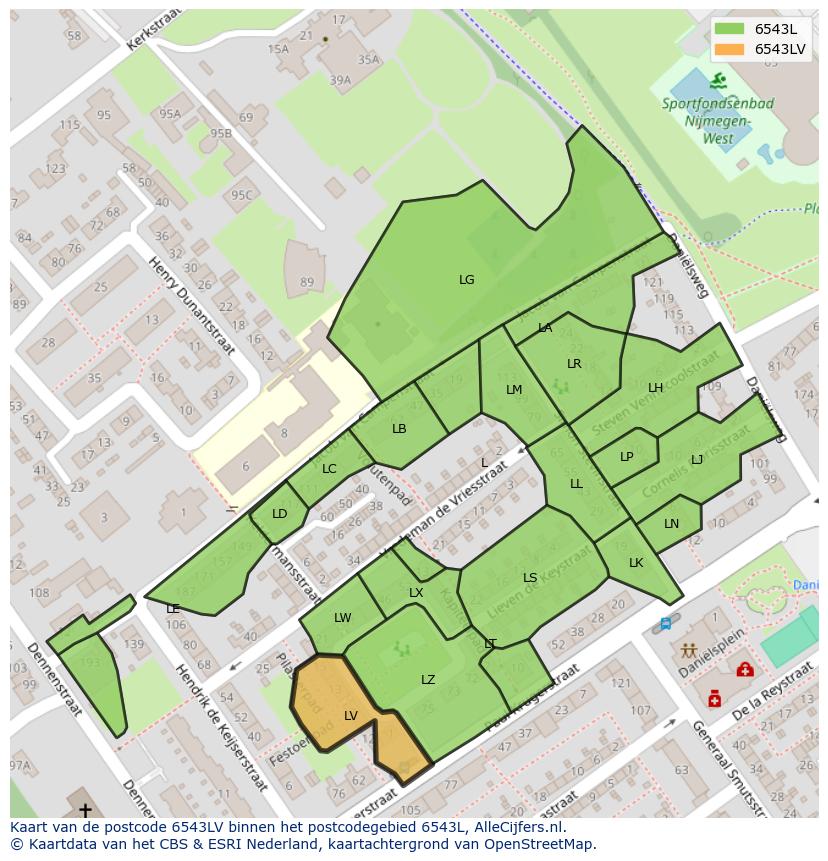 Afbeelding van het postcodegebied 6543 LV op de kaart.