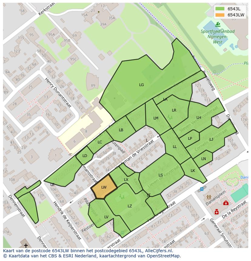 Afbeelding van het postcodegebied 6543 LW op de kaart.