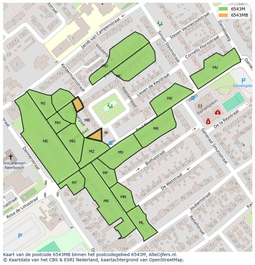 Afbeelding van het postcodegebied 6543 MB op de kaart.