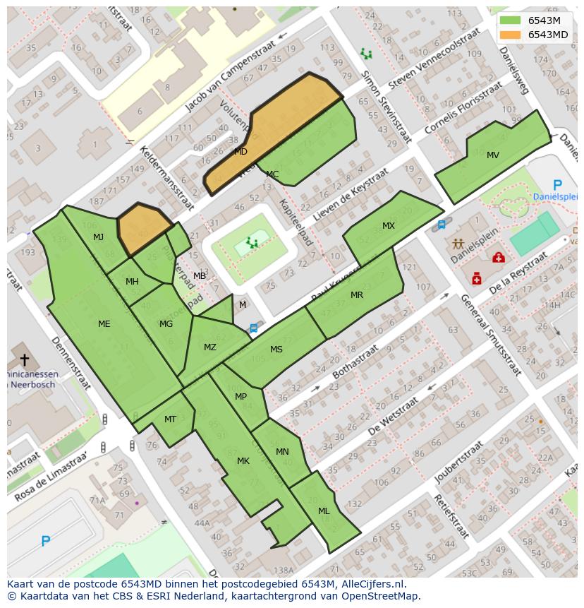 Afbeelding van het postcodegebied 6543 MD op de kaart.