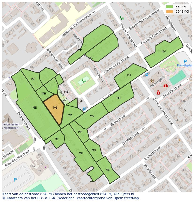 Afbeelding van het postcodegebied 6543 MG op de kaart.