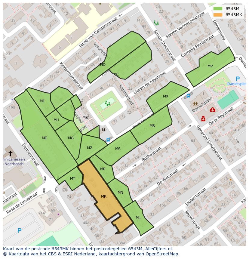 Afbeelding van het postcodegebied 6543 MK op de kaart.