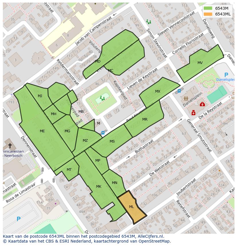 Afbeelding van het postcodegebied 6543 ML op de kaart.
