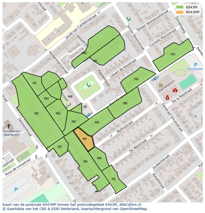 Afbeelding van het postcodegebied 6543 MP op de kaart.