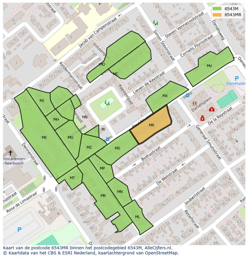 Afbeelding van het postcodegebied 6543 MR op de kaart.