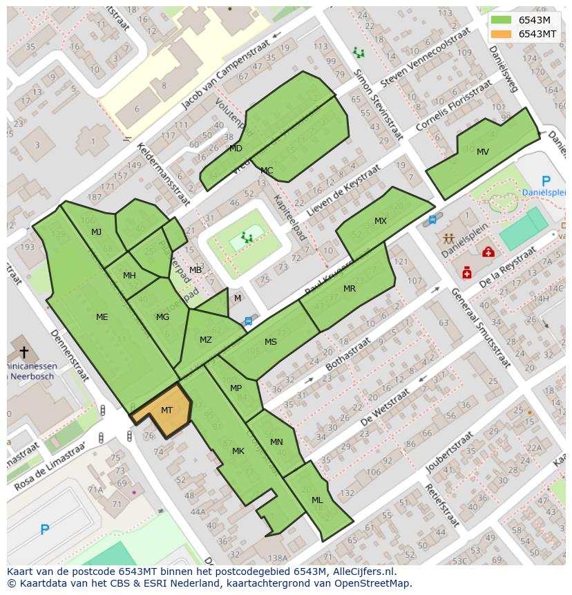 Afbeelding van het postcodegebied 6543 MT op de kaart.