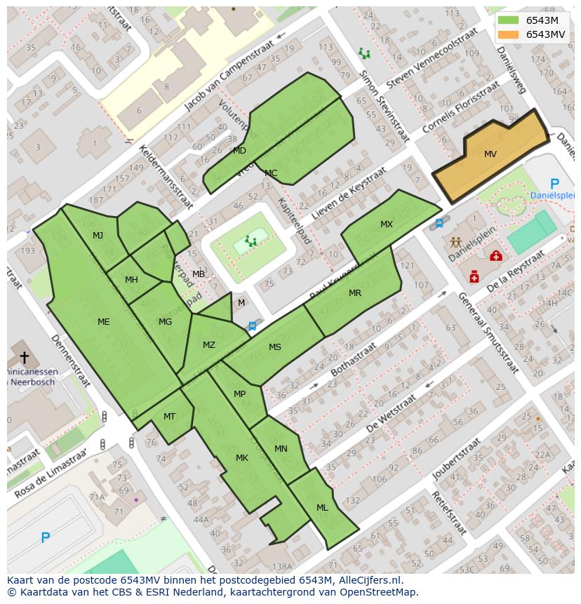Afbeelding van het postcodegebied 6543 MV op de kaart.