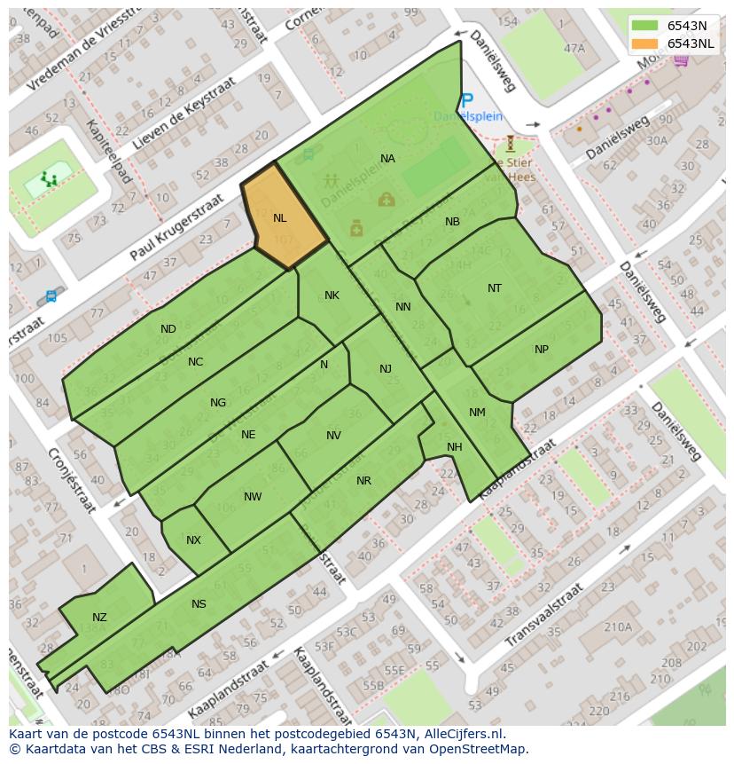 Afbeelding van het postcodegebied 6543 NL op de kaart.