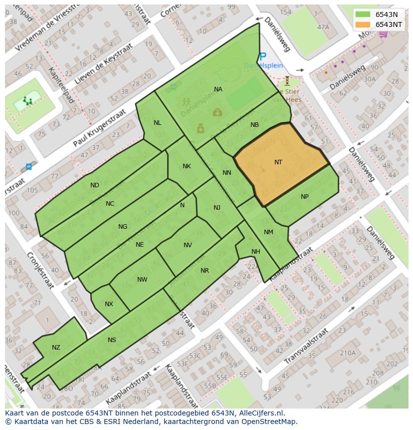 Afbeelding van het postcodegebied 6543 NT op de kaart.