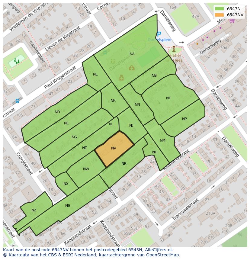 Afbeelding van het postcodegebied 6543 NV op de kaart.