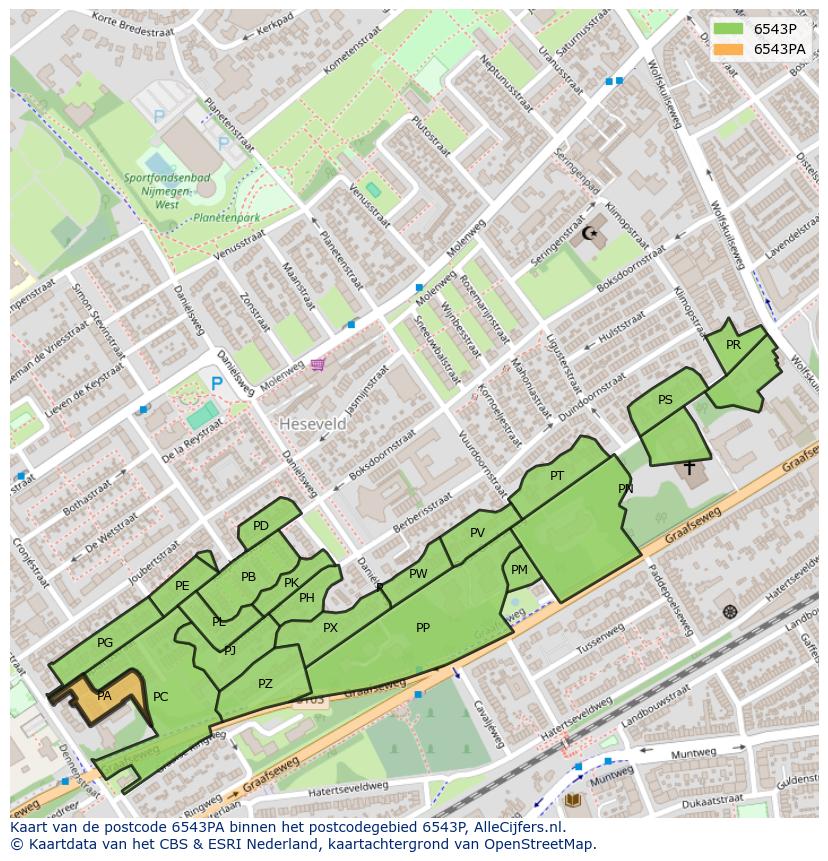 Afbeelding van het postcodegebied 6543 PA op de kaart.