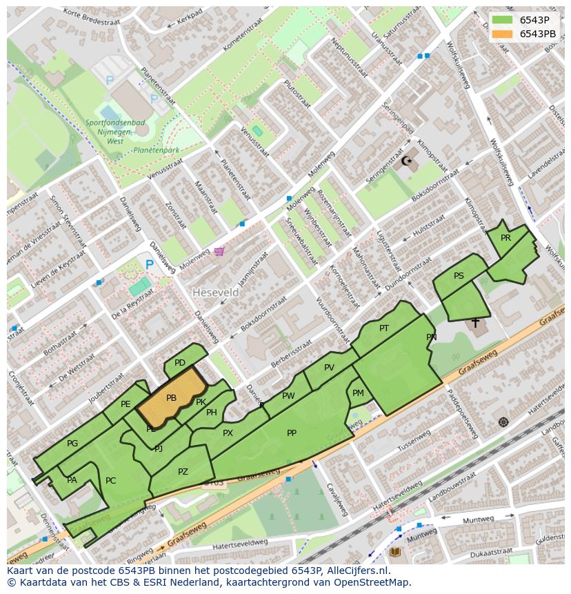 Afbeelding van het postcodegebied 6543 PB op de kaart.