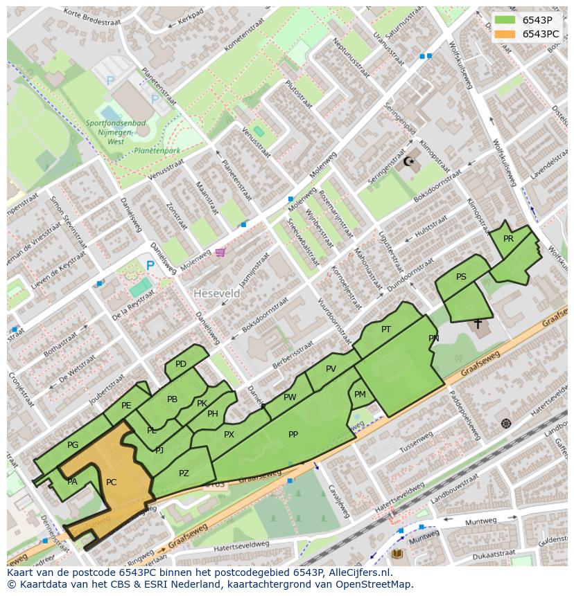 Afbeelding van het postcodegebied 6543 PC op de kaart.