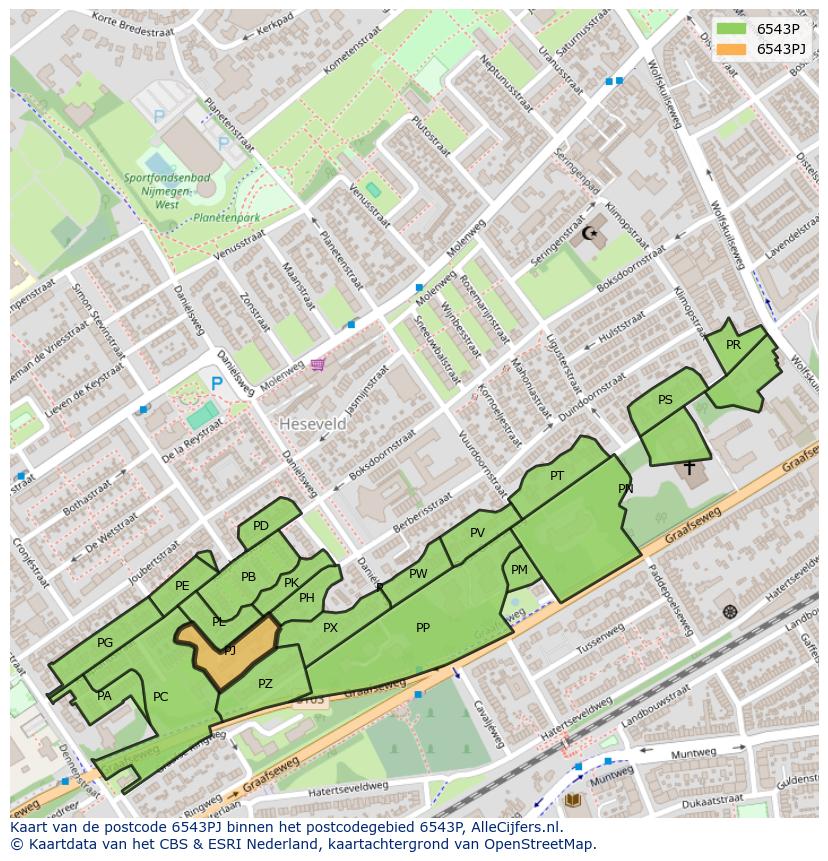 Afbeelding van het postcodegebied 6543 PJ op de kaart.
