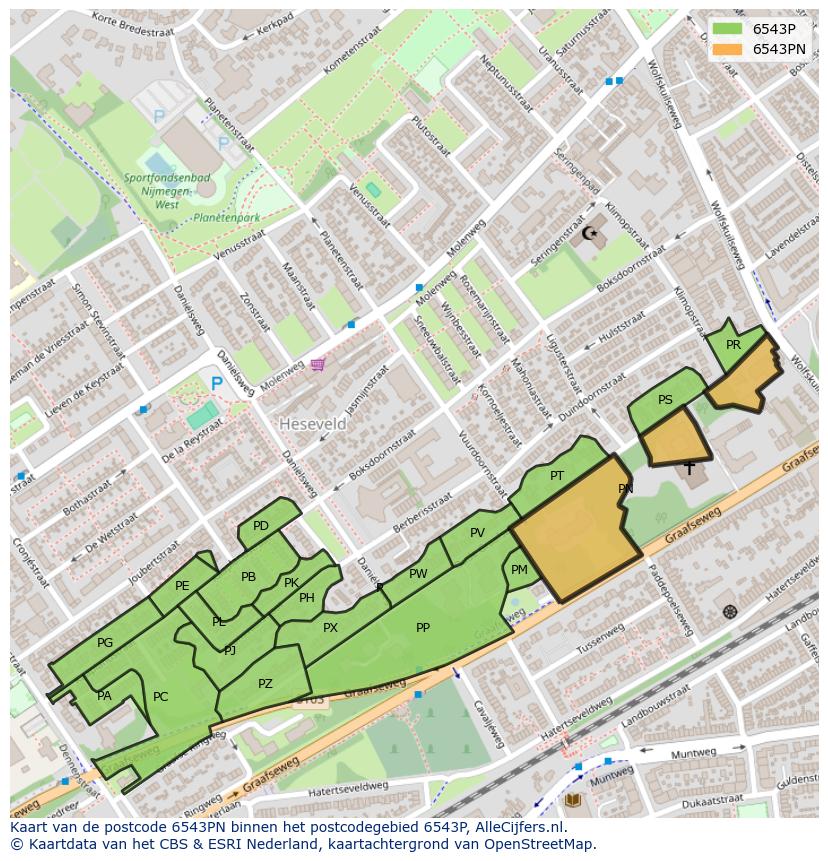 Afbeelding van het postcodegebied 6543 PN op de kaart.