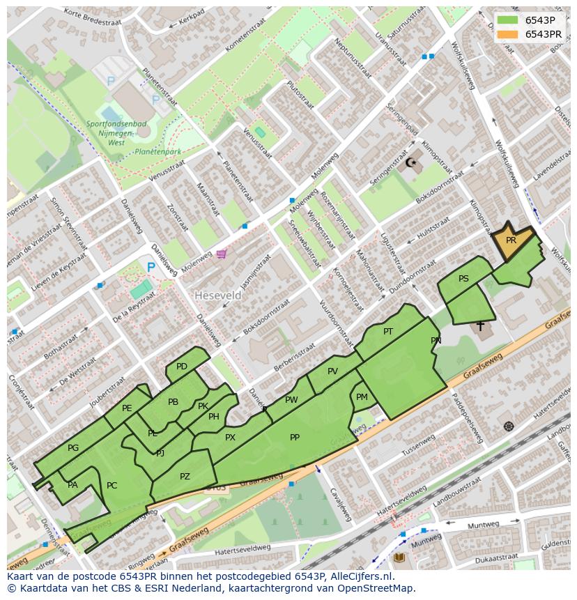 Afbeelding van het postcodegebied 6543 PR op de kaart.