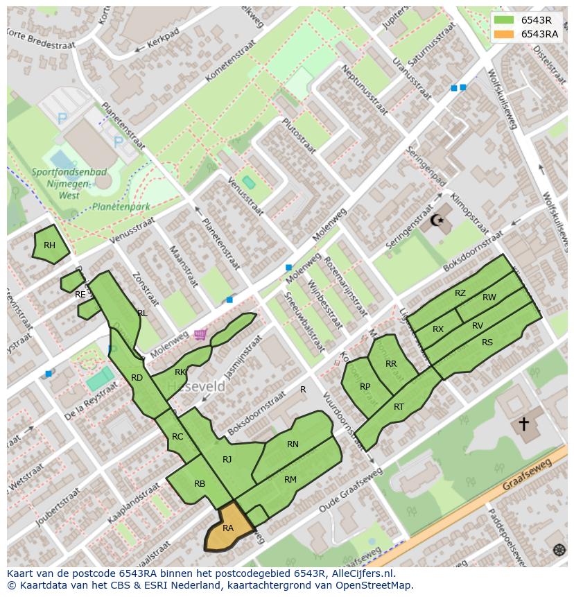 Afbeelding van het postcodegebied 6543 RA op de kaart.