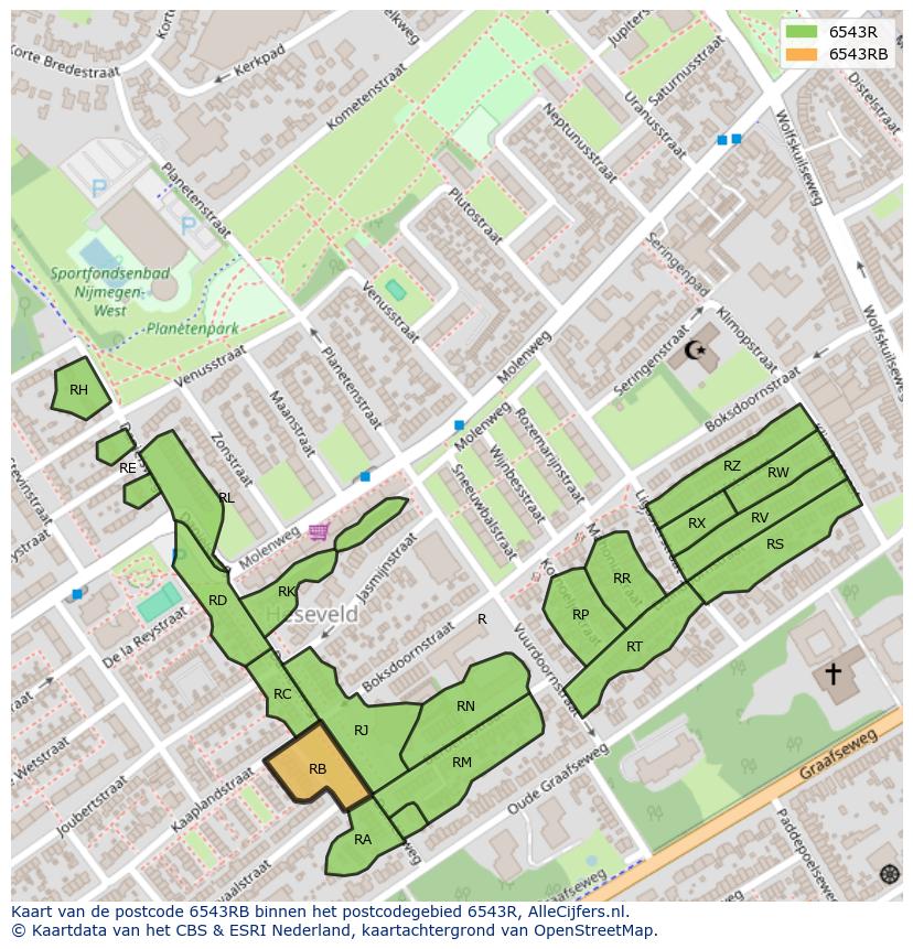 Afbeelding van het postcodegebied 6543 RB op de kaart.