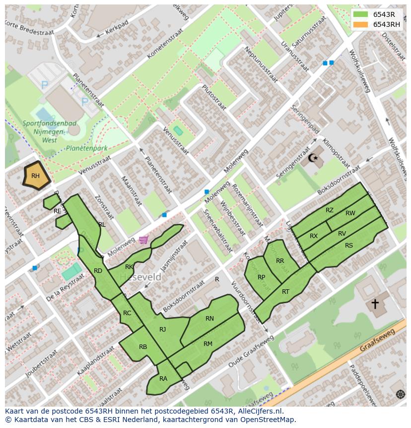 Afbeelding van het postcodegebied 6543 RH op de kaart.
