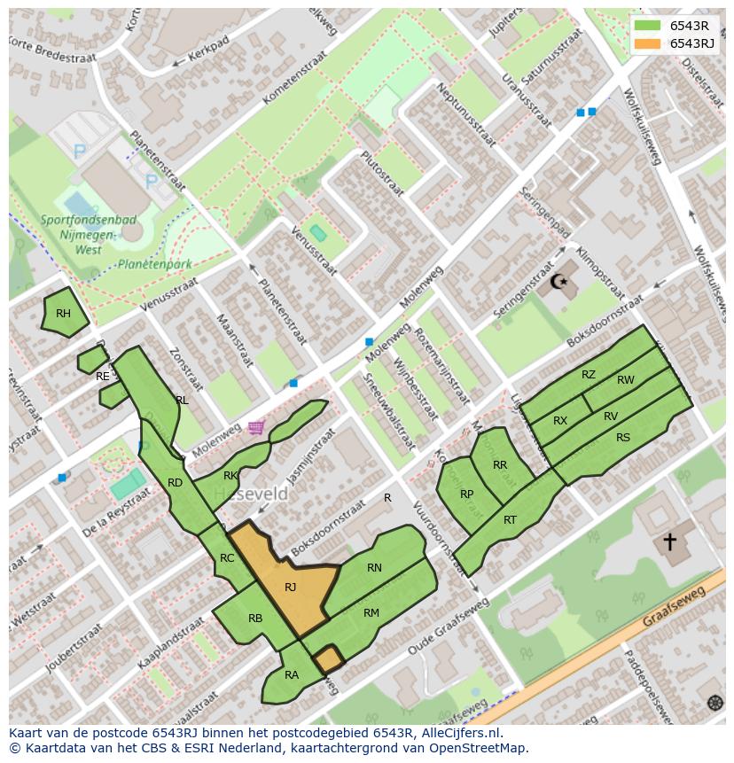 Afbeelding van het postcodegebied 6543 RJ op de kaart.