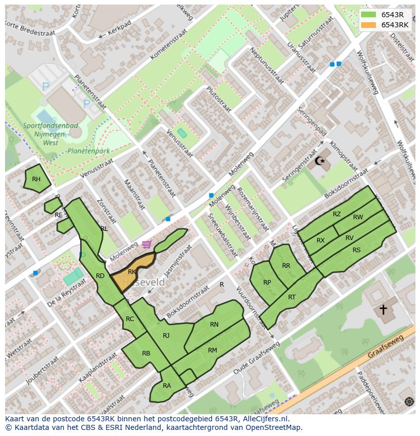 Afbeelding van het postcodegebied 6543 RK op de kaart.