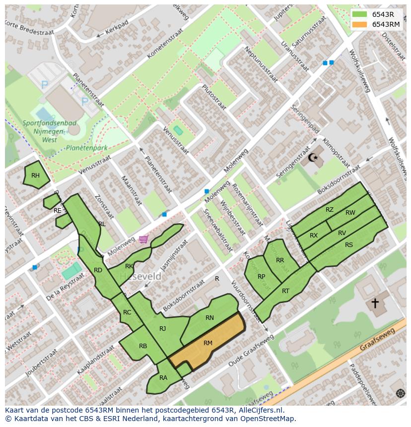 Afbeelding van het postcodegebied 6543 RM op de kaart.