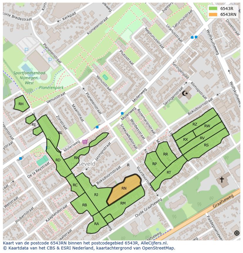 Afbeelding van het postcodegebied 6543 RN op de kaart.