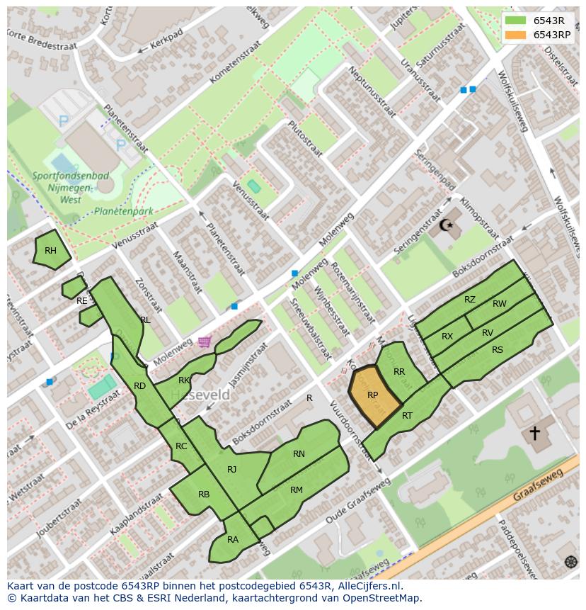 Afbeelding van het postcodegebied 6543 RP op de kaart.