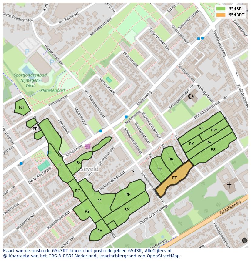 Afbeelding van het postcodegebied 6543 RT op de kaart.