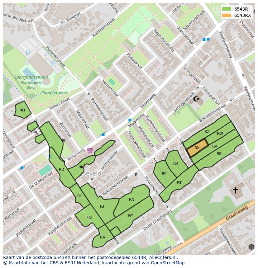 Afbeelding van het postcodegebied 6543 RX op de kaart.
