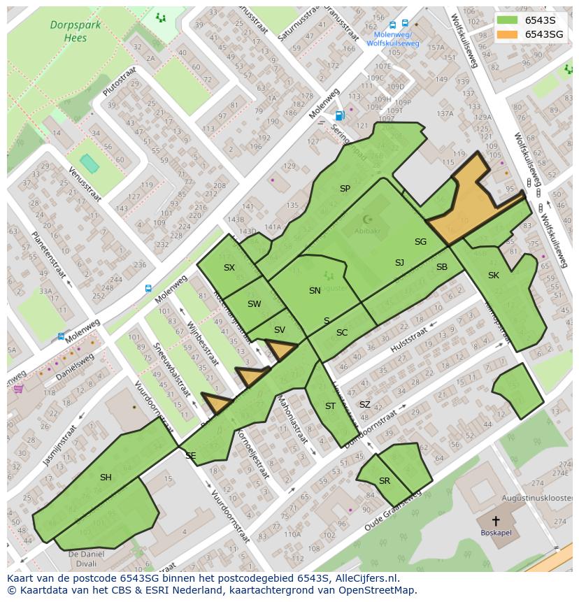 Afbeelding van het postcodegebied 6543 SG op de kaart.