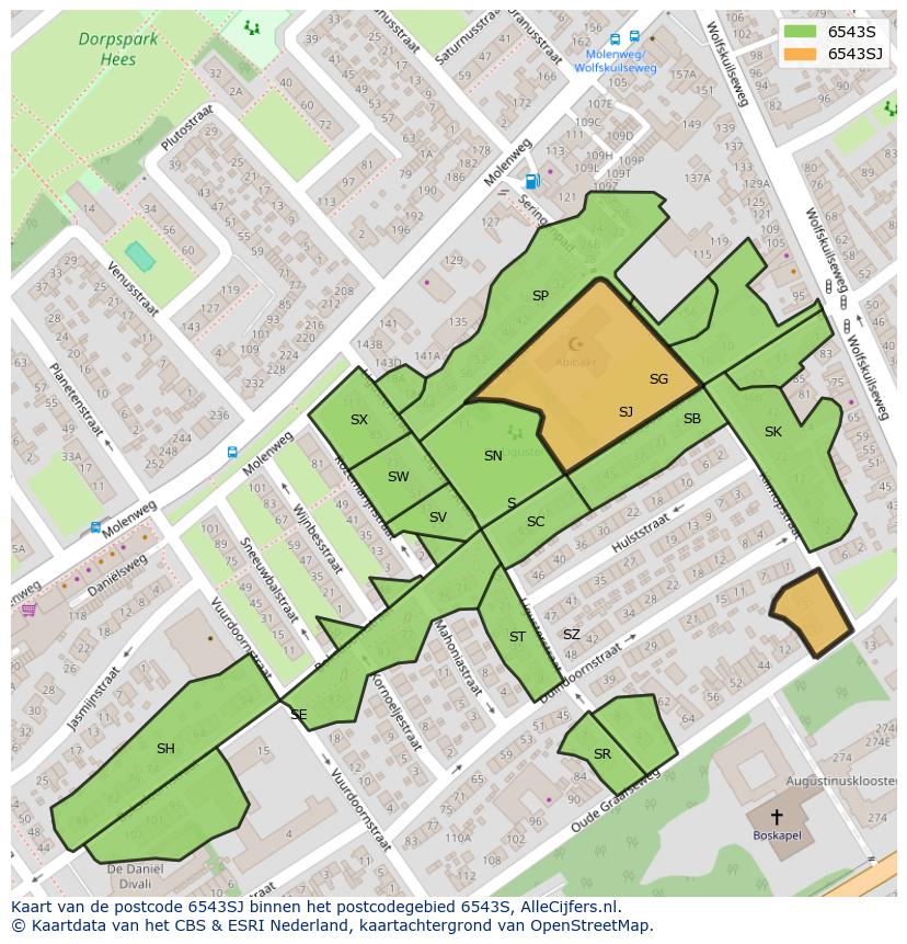 Afbeelding van het postcodegebied 6543 SJ op de kaart.