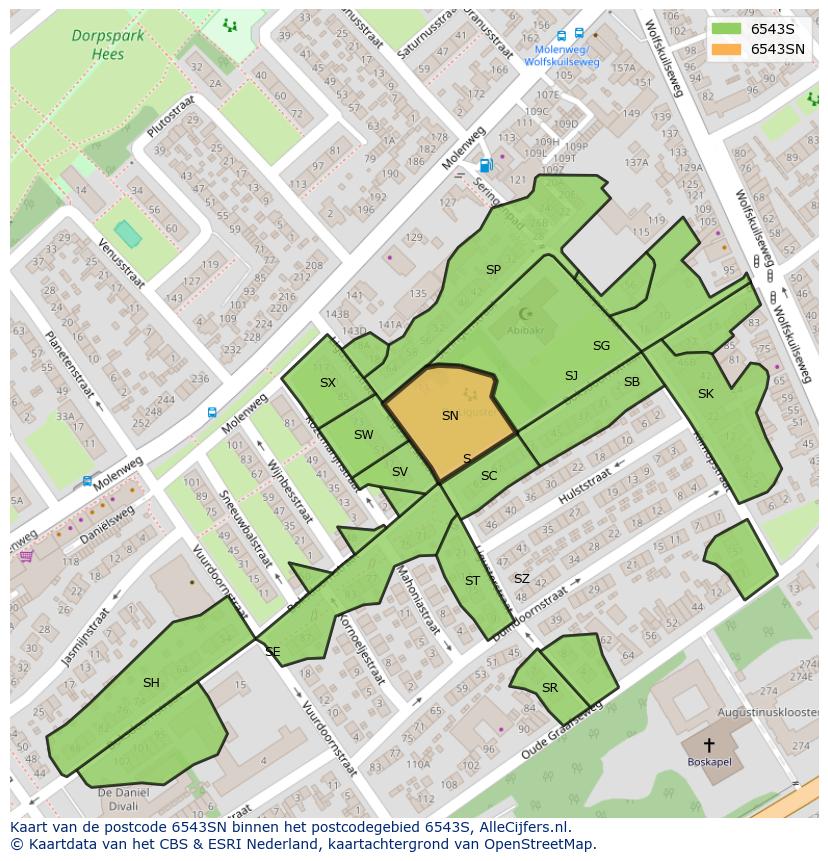 Afbeelding van het postcodegebied 6543 SN op de kaart.