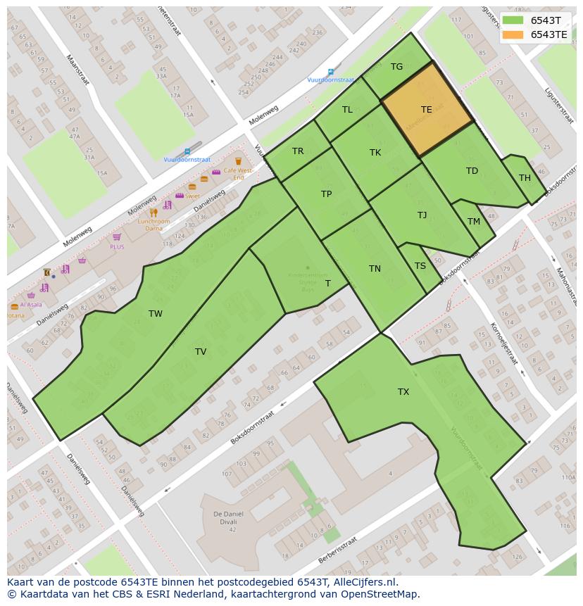 Afbeelding van het postcodegebied 6543 TE op de kaart.