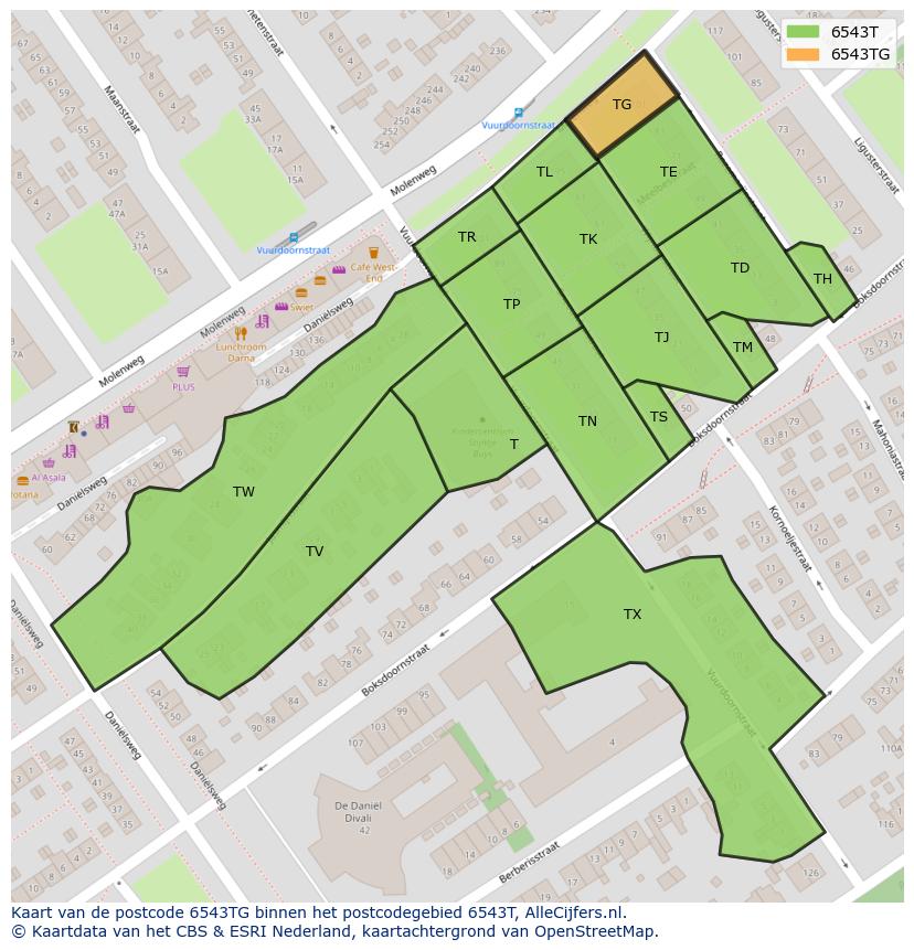 Afbeelding van het postcodegebied 6543 TG op de kaart.