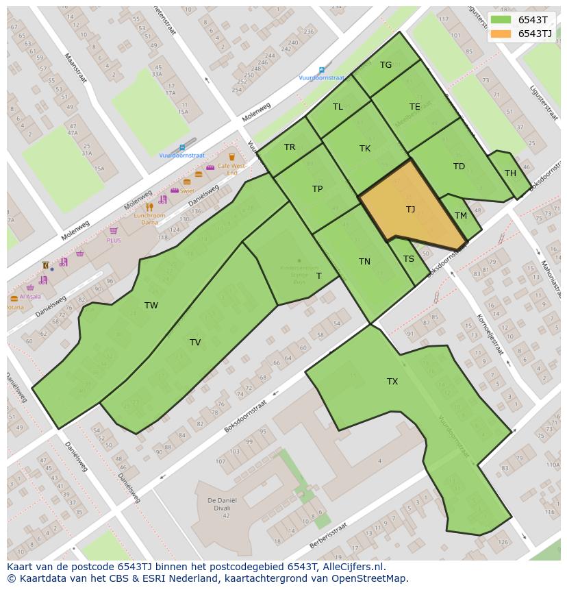 Afbeelding van het postcodegebied 6543 TJ op de kaart.