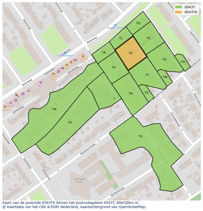 Afbeelding van het postcodegebied 6543 TK op de kaart.