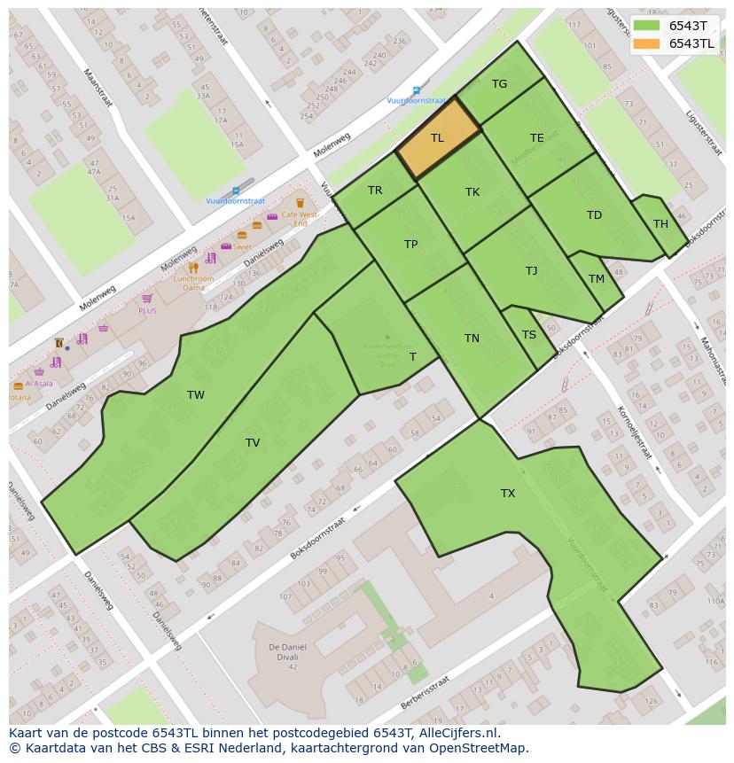 Afbeelding van het postcodegebied 6543 TL op de kaart.