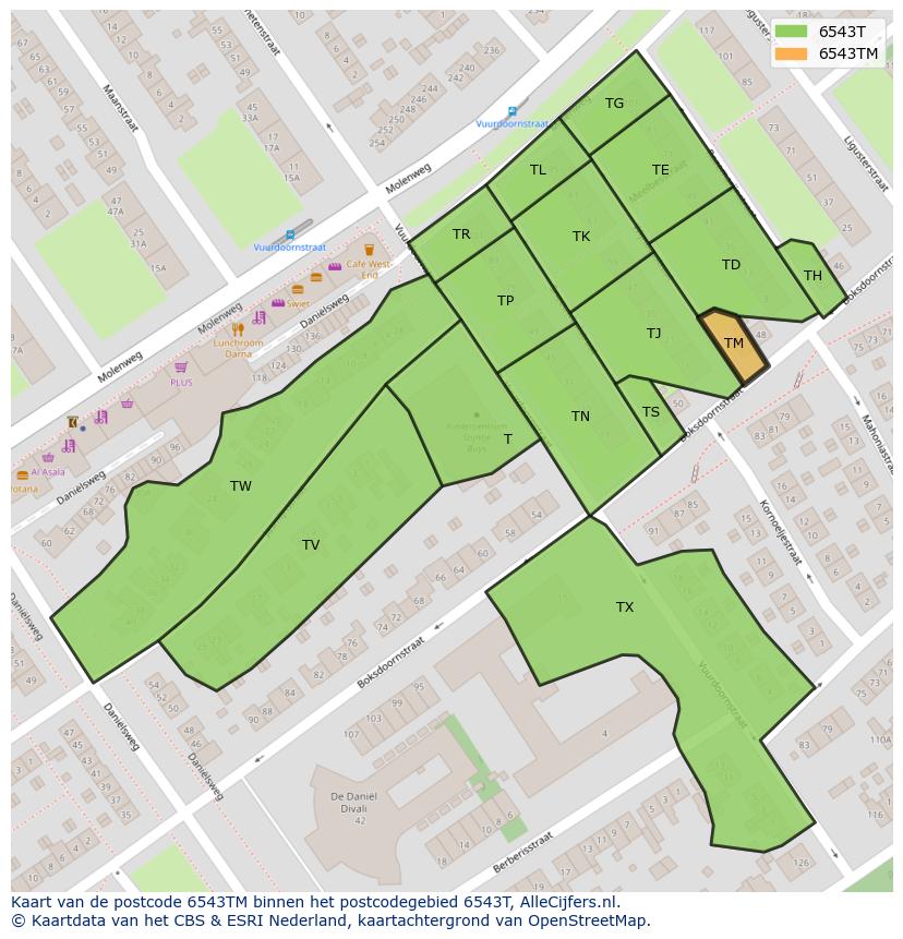Afbeelding van het postcodegebied 6543 TM op de kaart.