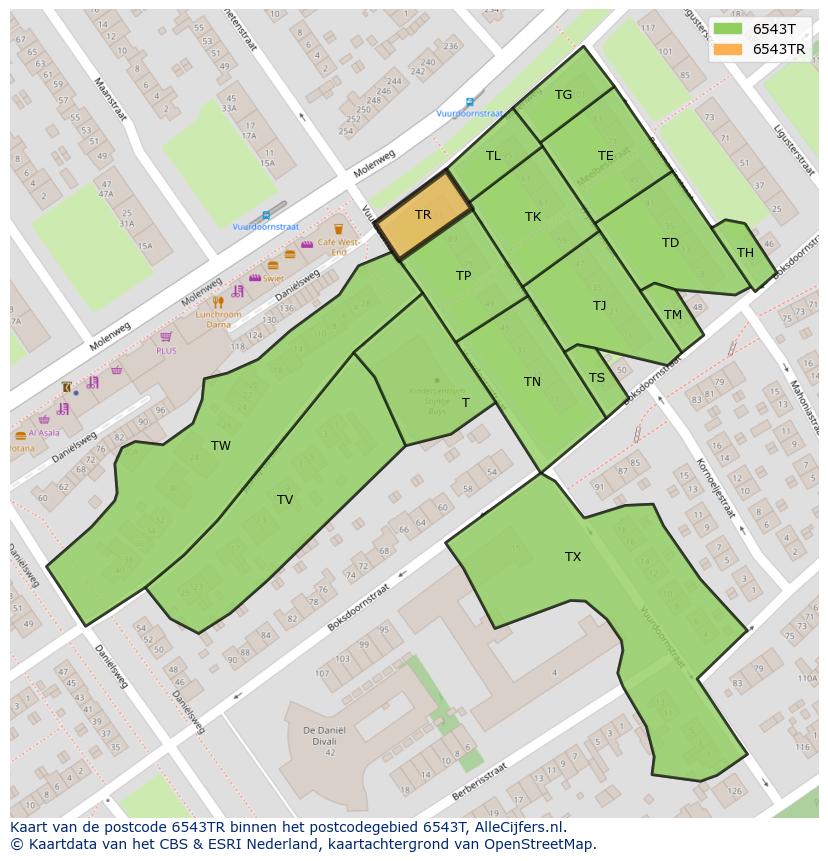 Afbeelding van het postcodegebied 6543 TR op de kaart.