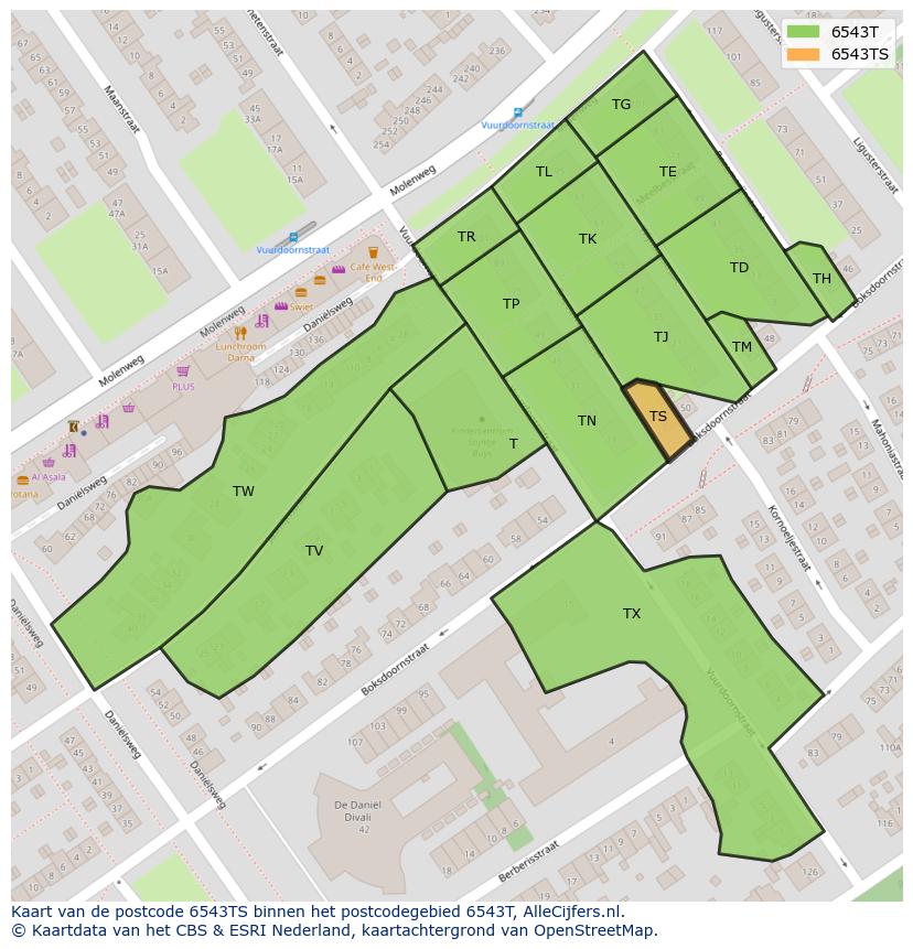 Afbeelding van het postcodegebied 6543 TS op de kaart.