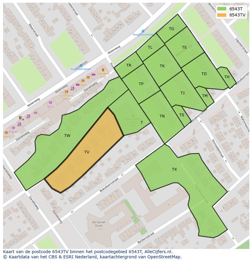 Afbeelding van het postcodegebied 6543 TV op de kaart.
