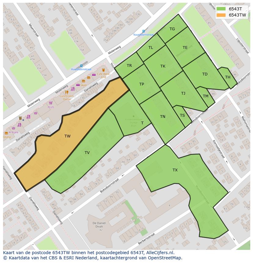 Afbeelding van het postcodegebied 6543 TW op de kaart.
