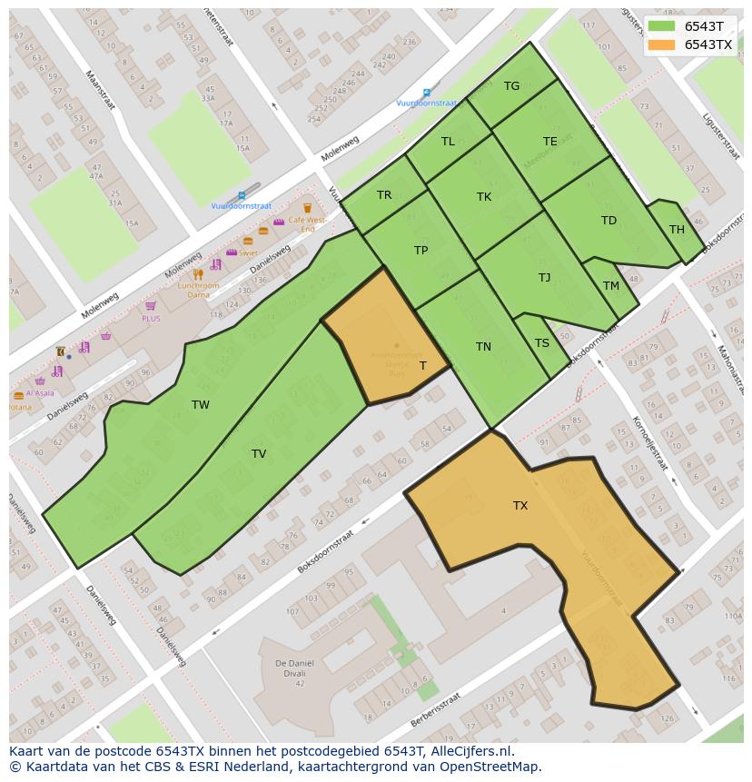 Afbeelding van het postcodegebied 6543 TX op de kaart.