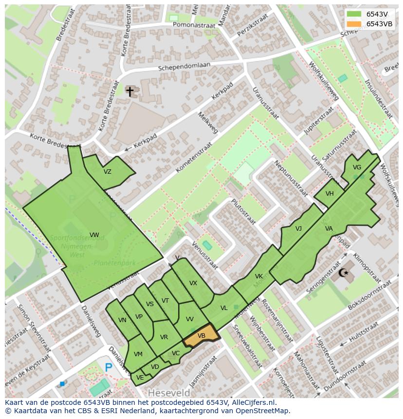 Afbeelding van het postcodegebied 6543 VB op de kaart.