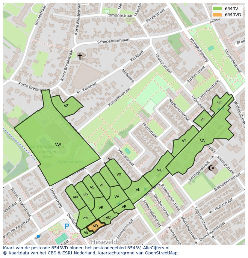 Afbeelding van het postcodegebied 6543 VD op de kaart.