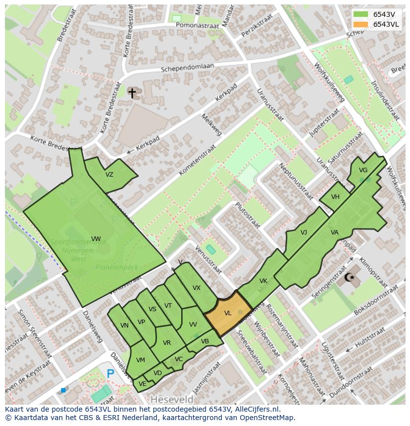 Afbeelding van het postcodegebied 6543 VL op de kaart.