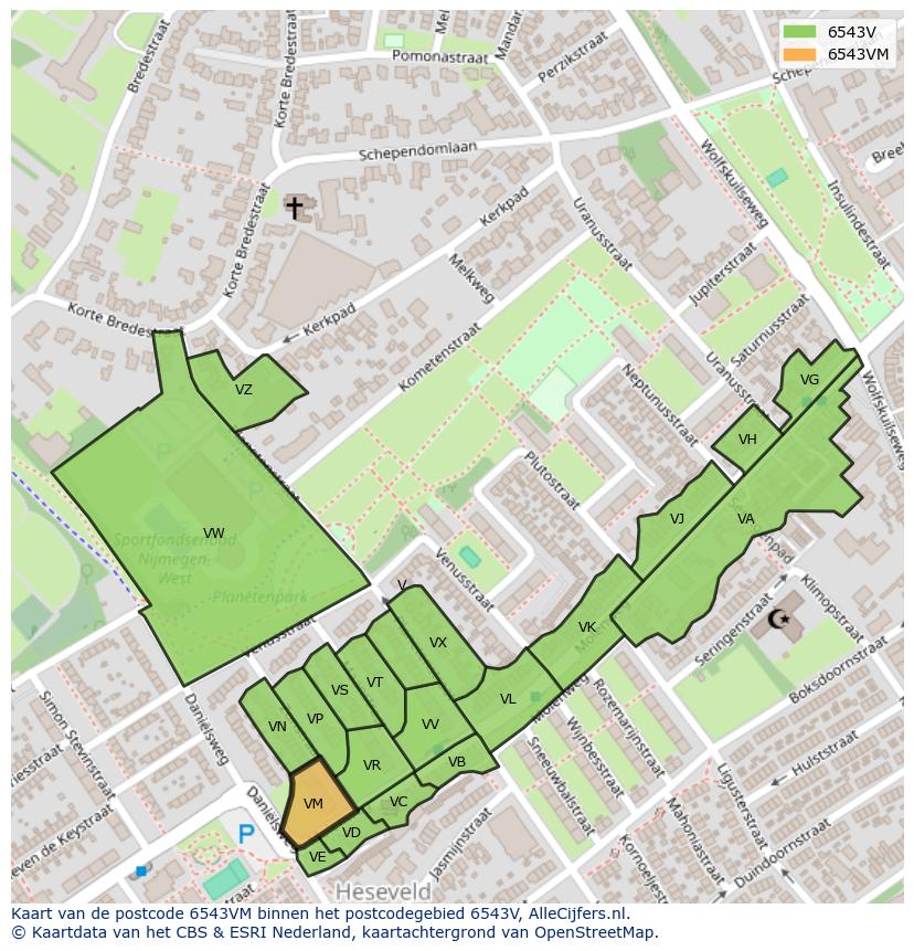 Afbeelding van het postcodegebied 6543 VM op de kaart.